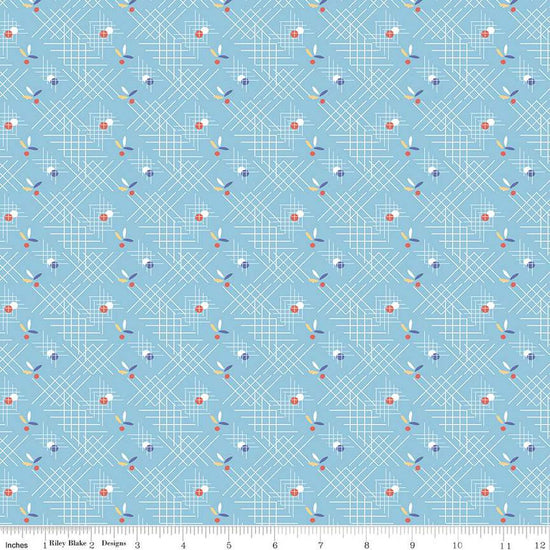 Image of the Always in Season Criss Cross Sky quilting cotton fabric by American Jane for Riley Blake Designs. Features occasional dots and leaves on a background with white criss-cross lines on a blue background. 
Cute Little Fabric Shop
