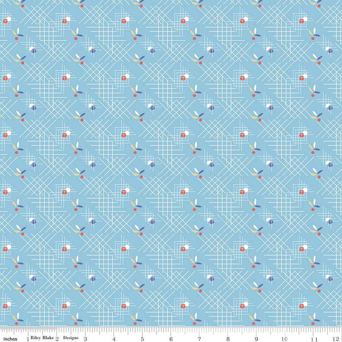 Image of the Always in Season Criss Cross Sky quilting cotton fabric by American Jane for Riley Blake Designs. Features occasional dots and leaves on a background with white criss-cross lines on a blue background. 
Cute Little Fabric Shop