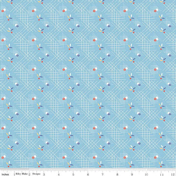 Image of the Always in Season Criss Cross Sky quilting cotton fabric by American Jane for Riley Blake Designs. Features occasional dots and leaves on a background with white criss-cross lines on a blue background. 
Cute Little Fabric Shop