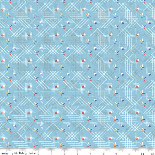 Image of the Always in Season Criss Cross Sky quilting cotton fabric by American Jane for Riley Blake Designs. Features occasional dots and leaves on a background with white criss-cross lines on a blue background. 
Cute Little Fabric Shop