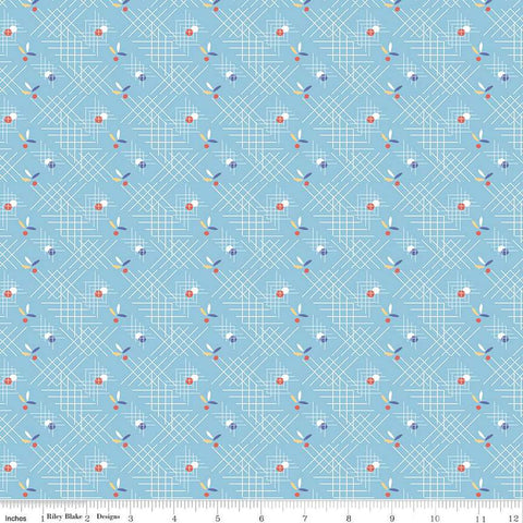 Image of the Always in Season Criss Cross Sky quilting cotton fabric by American Jane for Riley Blake Designs. Features occasional dots and leaves on a background with white criss-cross lines on a blue background. 
Cute Little Fabric Shop