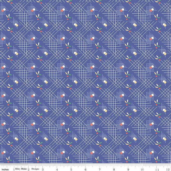 Image of the Always in Season Criss Cross Royal Blue quilting cotton fabric by American Jane for Riley Blake Designs. Features occasional dots and leaves with white criss-cross lines on a blue purple background. 
Cute Little Fabric Shop