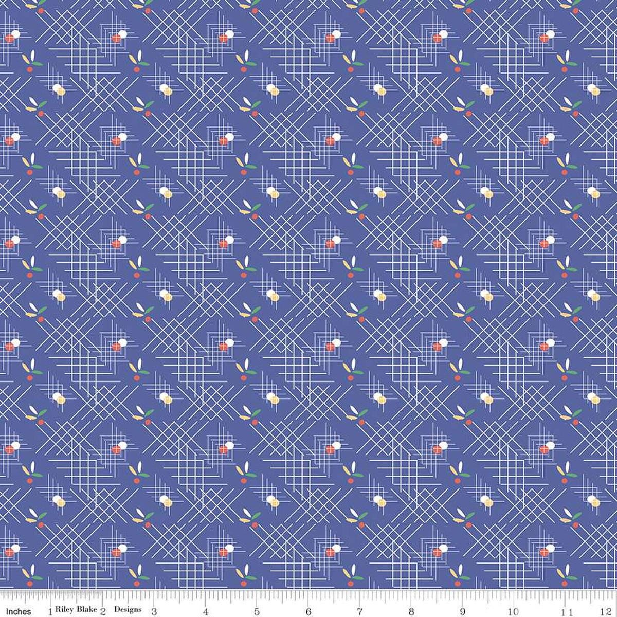 Image of the Always in Season Criss Cross Royal Blue quilting cotton fabric by American Jane for Riley Blake Designs. Features occasional dots and leaves with white criss-cross lines on a blue purple background. 
Cute Little Fabric Shop