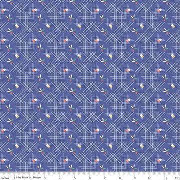 Image of the Always in Season Criss Cross Royal Blue quilting cotton fabric by American Jane for Riley Blake Designs. Features occasional dots and leaves with white criss-cross lines on a blue purple background. 
Cute Little Fabric Shop