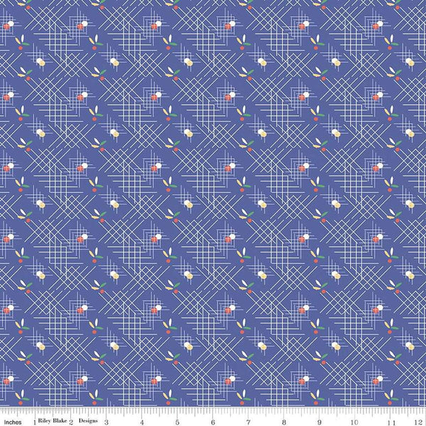 Image of the Always in Season Criss Cross Royal Blue quilting cotton fabric by American Jane for Riley Blake Designs. Features occasional dots and leaves with white criss-cross lines on a blue purple background. 
Cute Little Fabric Shop