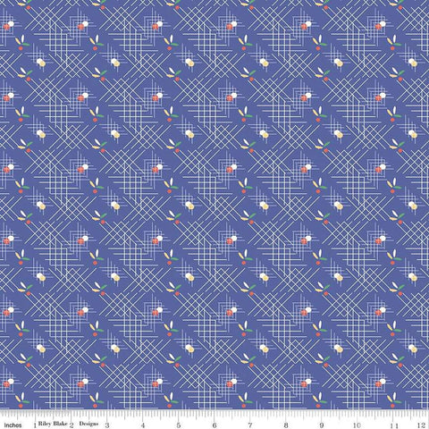 Image of the Always in Season Criss Cross Royal Blue quilting cotton fabric by American Jane for Riley Blake Designs. Features occasional dots and leaves with white criss-cross lines on a blue purple background. 
Cute Little Fabric Shop