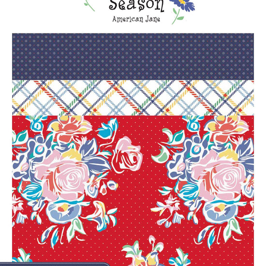Image of the Always in Season storyboard by American Jane for Riley Blake Designs. Features a multicolored floral fabric on a red background with blue and white coordinating fabrics. 
Cute Little Fabric Shop
