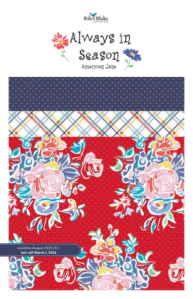 Image of the Always in Season storyboard by American Jane for Riley Blake Designs. Features a multicolored floral fabric on a red background with blue and white coordinating fabrics. 
Cute Little Fabric Shop