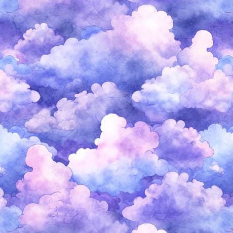 Image of the Lil Wizards Clouds Lavender Quilting Cotton Fabric by QT Fabrics. Features blue, purple, and white clouds on a purple  background. 
Cute Little Fabric Shop