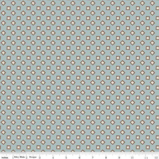 Image of the Mansfield Park William quilting cotton fabric by Riley Blake Designs. Features  scattered squares with swirls on a light blue background. 
Cute Little Fabric Shop