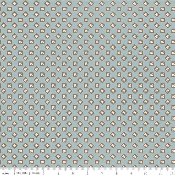 Image of the Mansfield Park William quilting cotton fabric by Riley Blake Designs. Features  scattered squares with swirls on a light blue background. 
Cute Little Fabric Shop