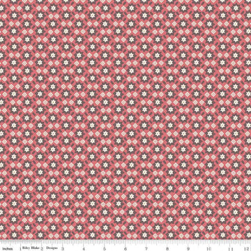 Image of the Mansfield Park Mrs. Norris quilting cotton fabric by Riley Blake Designs. Features geometric shapes on a pattered brown background. 
Cute Little Fabric Shop