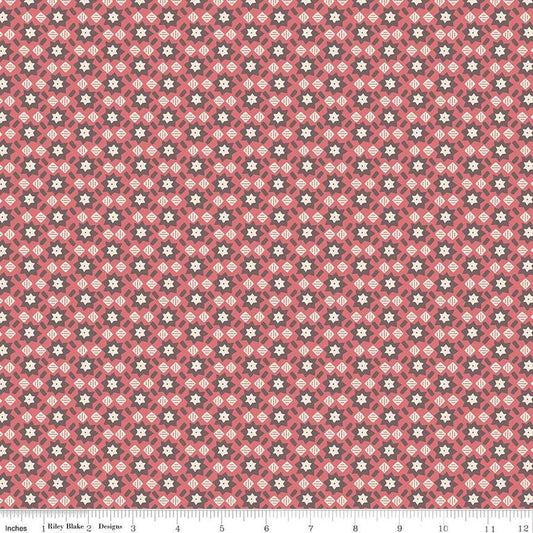 Image of the Mansfield Park Mrs. Norris quilting cotton fabric by Riley Blake Designs. Features geometric shapes on a pattered brown background. 
Cute Little Fabric Shop