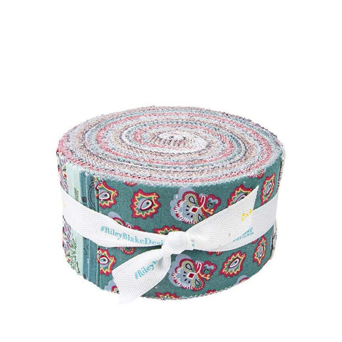 Image of the Mansfield Park rolie polie for Riley Blake Designs. Official Licensed Product. Shows various floral and abstract patterns on blue, pink and more. 
Cute Little Fabric Shop