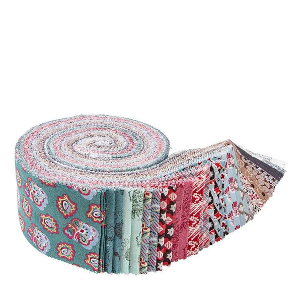 Image of the Mansfield Park rolie polie for Riley Blake Designs. Official Licensed Product. Shows various floral and abstract patterns on blue, pink and more. 
Cute Little Fabric Shop