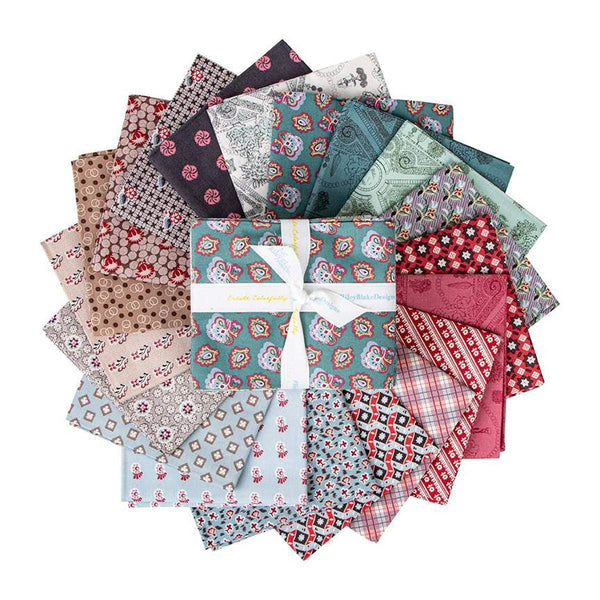 Image of the Mansfield Park fat quarter bundle for Riley Blake Designs. Official Licensed Product. Shows various floral and abstract patterns on blue, pink and more. 
Cute Little Fabric Shop