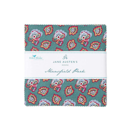 Image of the Mansfield Park 5 inch stacker for Riley Blake Designs. Official Licensed Product. Shows various floral and abstract patterns on blue, pink and more. 
Cute Little Fabric Shop