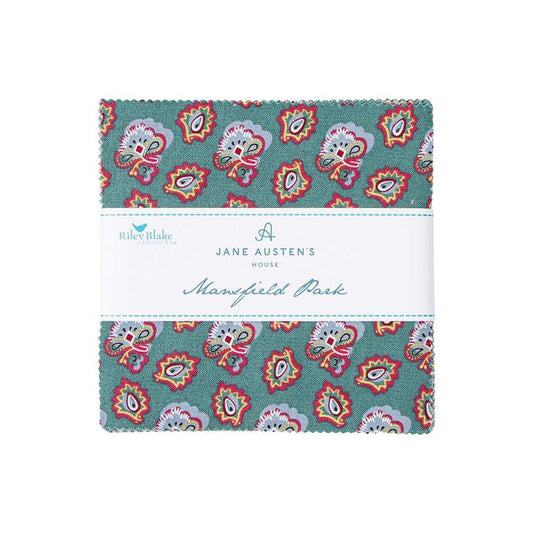 Image of the Mansfield Park 5 inch stacker for Riley Blake Designs. Official Licensed Product. Shows various floral and abstract patterns on blue, pink and more. 
Cute Little Fabric Shop