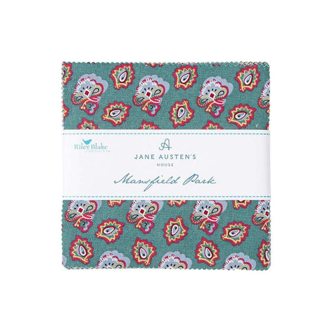 Image of the Mansfield Park 5 inch stacker for Riley Blake Designs. Official Licensed Product. Shows various floral and abstract patterns on blue, pink and more. 
Cute Little Fabric Shop