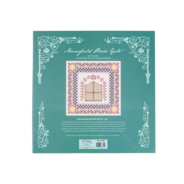 Features the box for the Mansfield Park Gate Quilt Boxed Kit for Riley Blake Designs. Official Licensed Product. Box is teal with a book style side. 
Cute Little Fabric Shop