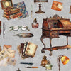 Image of the Bookworm Writing Desk and Motifs Toss Gray quilting cotton fabric from QT Fabrics. Features writing tools and desks on a gray background. 
Cute Little Fabric Shop