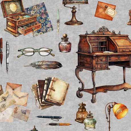 Image of the Bookworm Writing Desk and Motifs Toss Gray quilting cotton fabric from QT Fabrics. Features writing tools and desks on a gray background. 
Cute Little Fabric Shop