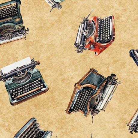 Image of the Bookworm Typewriter Toss Tan quilting cotton fabric from QT Fabrics. Features tossed typewriters on a tan background. 
Cute Little Fabric Shop