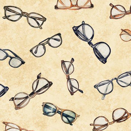 Image of the Bookworm Eyeglass Toss Vanilla quilting cotton fabric from QT Fabrics. Features tossed eyeglasses on a tan background. 
Cute Little Fabric Shop