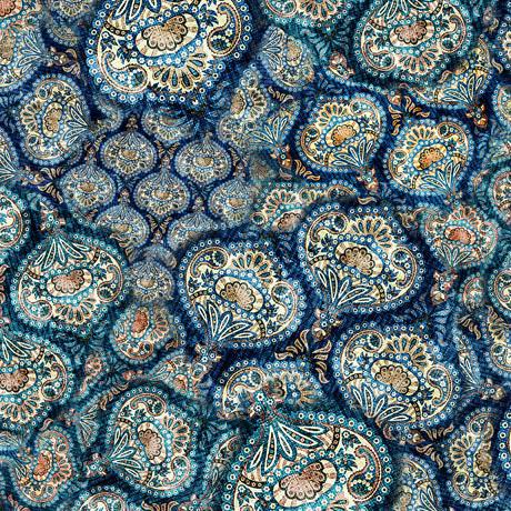 Image of the Bookworm Paisley Medallion Midnight quilting cotton fabric from QT Fabrics. Features a paisley design on a dark blue background. 
Cute Little Fabric Shop