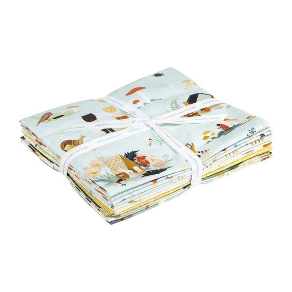 Image of the The Littlest Family&#39;s Big Day 1-Yard Bundle Aqua (9 pieces) by Riley Blake Designs. Features 7 prints and 2 panels. 
Cute Little Fabric Shop