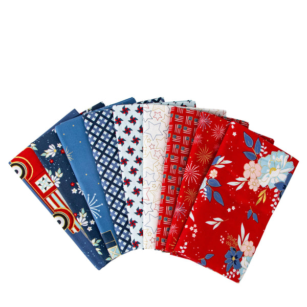 Image of the Sweet Freedom 1 yard bundle red. It has nine pieces. Designed by Beverly McCullough for Riley Blake Designs. Features red, blue, and white fabrics.
Cute Little Fabric Shop