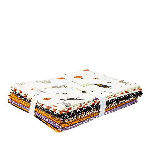 Image of the Beggar&#39;s Night 1 yard bundle cream. It has ten pieces, 9 prints and one panel. Designed by Sandy Gervais for Riley Blake Designs. Features rorange, black, purple, and cream halloween quilting cotton fabrics.
Cute Little Fabric Shop