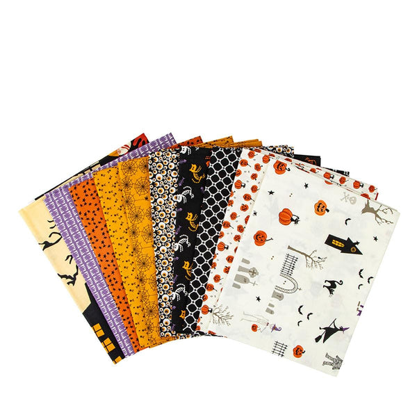 Image of the Beggar&#39;s Night 1 yard bundle cream. It has ten pieces, 9 prints and one panel. Designed by Sandy Gervais for Riley Blake Designs. Features rorange, black, purple, and cream halloween quilting cotton fabrics.
Cute Little Fabric Shop