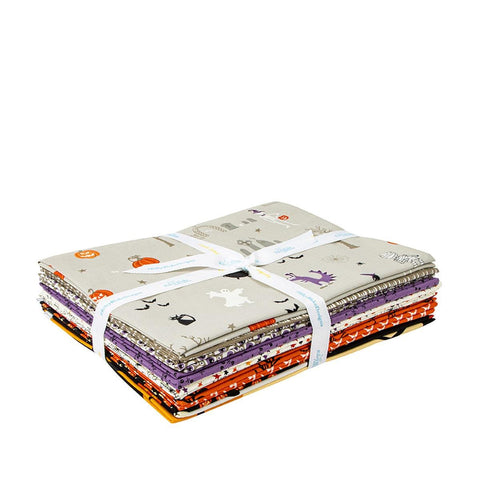 Image of the Beggars Night 1 yard bundle gray. It has ten pieces, 9 prints and one panel. Designed by Sandy Gervais for Riley Blake Designs. Features orange, black, purple, and gray halloween quilting cotton fabrics.
Cute Little Fabric Shop