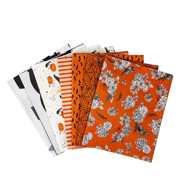 Image of theSophisticated Halloween 1-Yard Bundle Orange by My Minds Eye for Riley Blake Designs. Features 8 pieces, 6 prints and 2 patterns. Fabric is orange, cream, and black halloween themed quilting cotton. 
Cute Little Fabric Shop