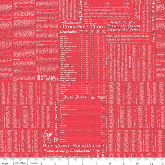 Image of the Farm Girl Vintage Canning Red quilting cotton fabric by Lori Holt for Riley Blake Designs. Features canning instructions on a red background. 
Cute Little Fabric Shop