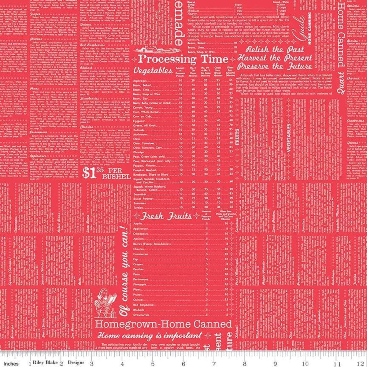 Image of the Farm Girl Vintage Canning Red quilting cotton fabric by Lori Holt for Riley Blake Designs. Features canning instructions on a red background. 
Cute Little Fabric Shop