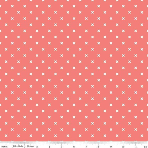 Image of the Bee Basics X Coral quilting cotton fabric by Lori Holt for Riley Blake Designs. Features white Xs on a coral pink background. 
Cute Little Fabric Shop