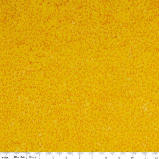 Image of the Expressions Batiks Elementals Dandelion fabric by Riley Blake Designs. Features a yellow fabric with arc patterns scattered across. 
Cute Little Fabric Shop