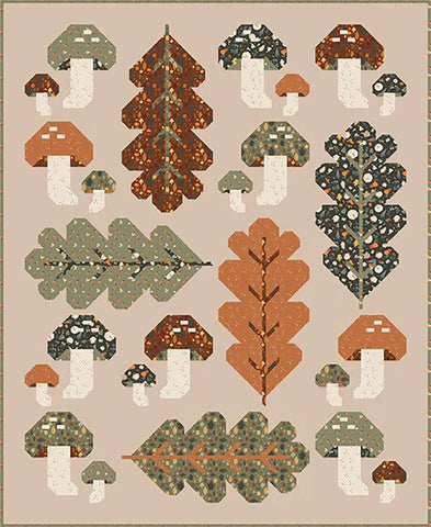 Image of the Forest Fungi pumpkin spice boxed quilt kit. Features leaves and mushrooms on a cream background.
Cute Little Fabric Shop