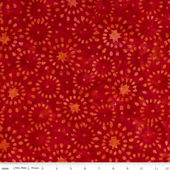 Image of the Expressions Batiks Elementals Tomato 1 fabric by Riley Blake Designs. Features tomato circle patterns on a red background. 
Cute Little Fabric Shop