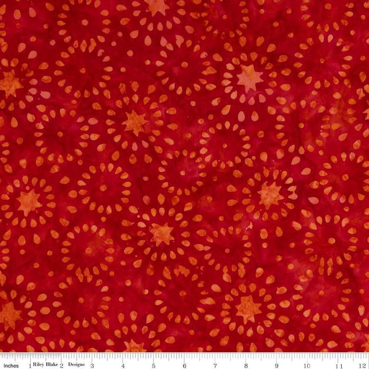 Image of the Expressions Batiks Elementals Tomato 1 fabric by Riley Blake Designs. Features tomato circle patterns on a red background. 
Cute Little Fabric Shop
