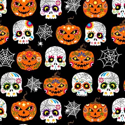 Image of the Michael Miller Trick or Treat Ghastly Greetings Black fabric. Features jack o lanterns, spiderwebs, and skulls on a black background. 
Cute Little Fabric Shop