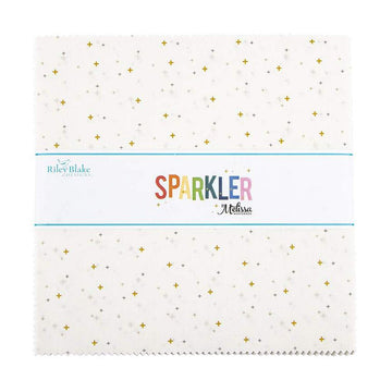 Image of the Sparkler 10" White Stacker by Melissa Mortenson for Riley Blake Designs. Features small gold crosses on a white background. 
Cute Little Fabric Shop