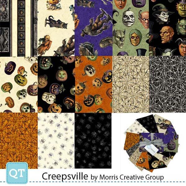 Image of the Creepsville 13 piece fat quarter bundle. Features halloween fabrics with green, black, cream, and orange backgrounds. 
Cute Little Fabric Shop