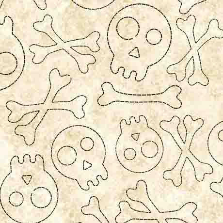 Image of the Creepin&#39; It Real Stitched Skulls Cream fabric by Morris Creative Group for QT Fabrics. Features the outlines of skulls and bones on a textured cream background. 
Cute Little Fabric Shop