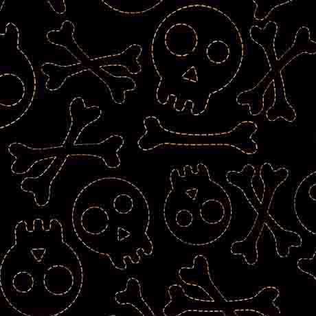 Image of the Creepin It Real Stitched Skulls Black fabric by Morris Creative Group for QT Fabrics. Features the outlines of skulls and bones on a black background. 
Cute Little Fabric Shop