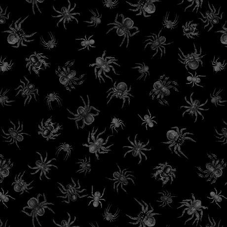 Image of the Creepsville Spider Toss Black fabric by Morris Creative Group for QT Fabrics. Features spiders on a black background. 
Cute Little Fabric Shop