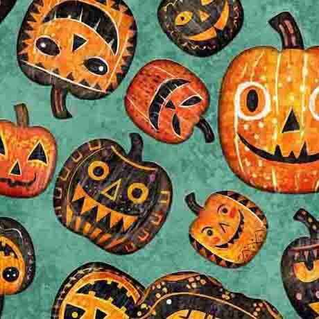 Image of the Creepin It Real Pumpkin Toss Jade fabric by Morris Creative Group for QT Fabrics. Features tossed jack o lanterns on a jade green background. 
Cute Little Fabric Shop