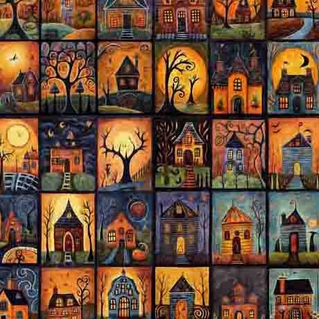 Image of the Creepin It Real Mini Haunted House Blocks Multi fabric by Morris Creative Group for QT Fabrics. Features squares of haunted houses on many colors of backgrounds. 
Cute Little Fabric Shop